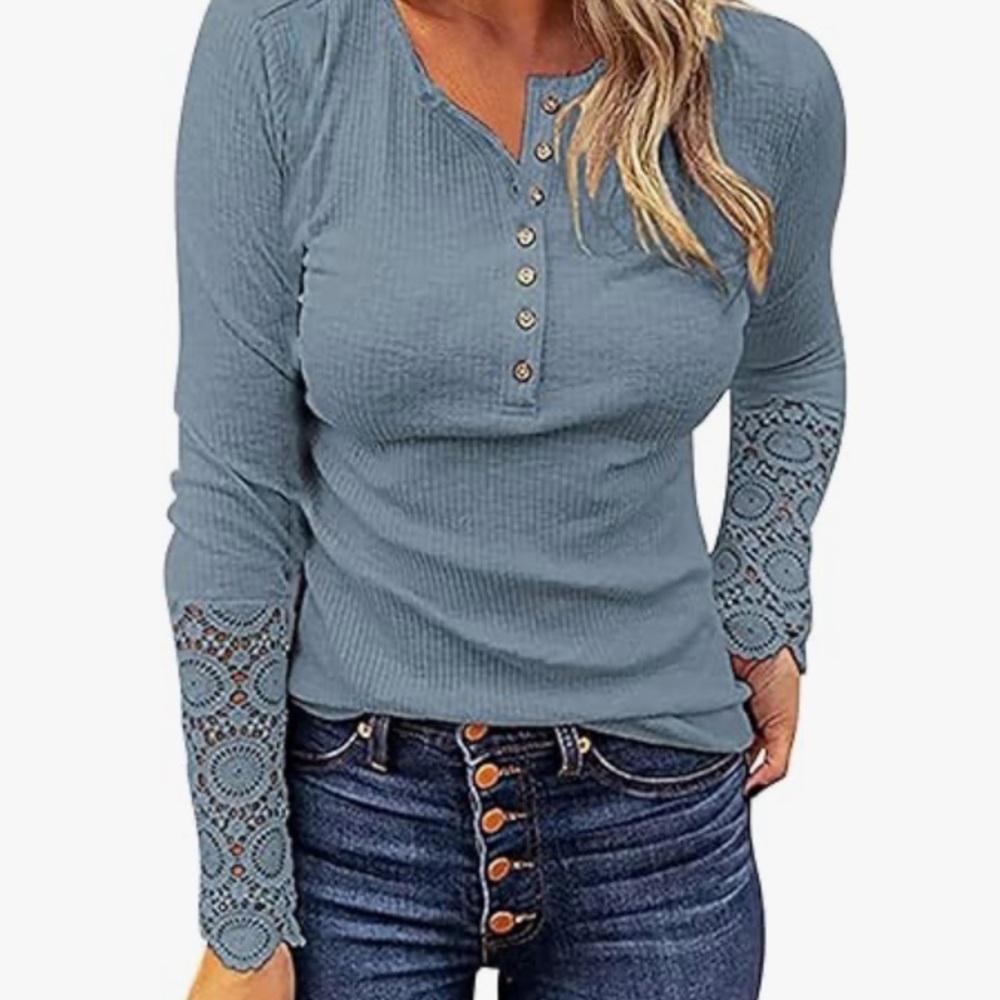 Mahina Thermal and Crochet Blue Long Sleeve Top